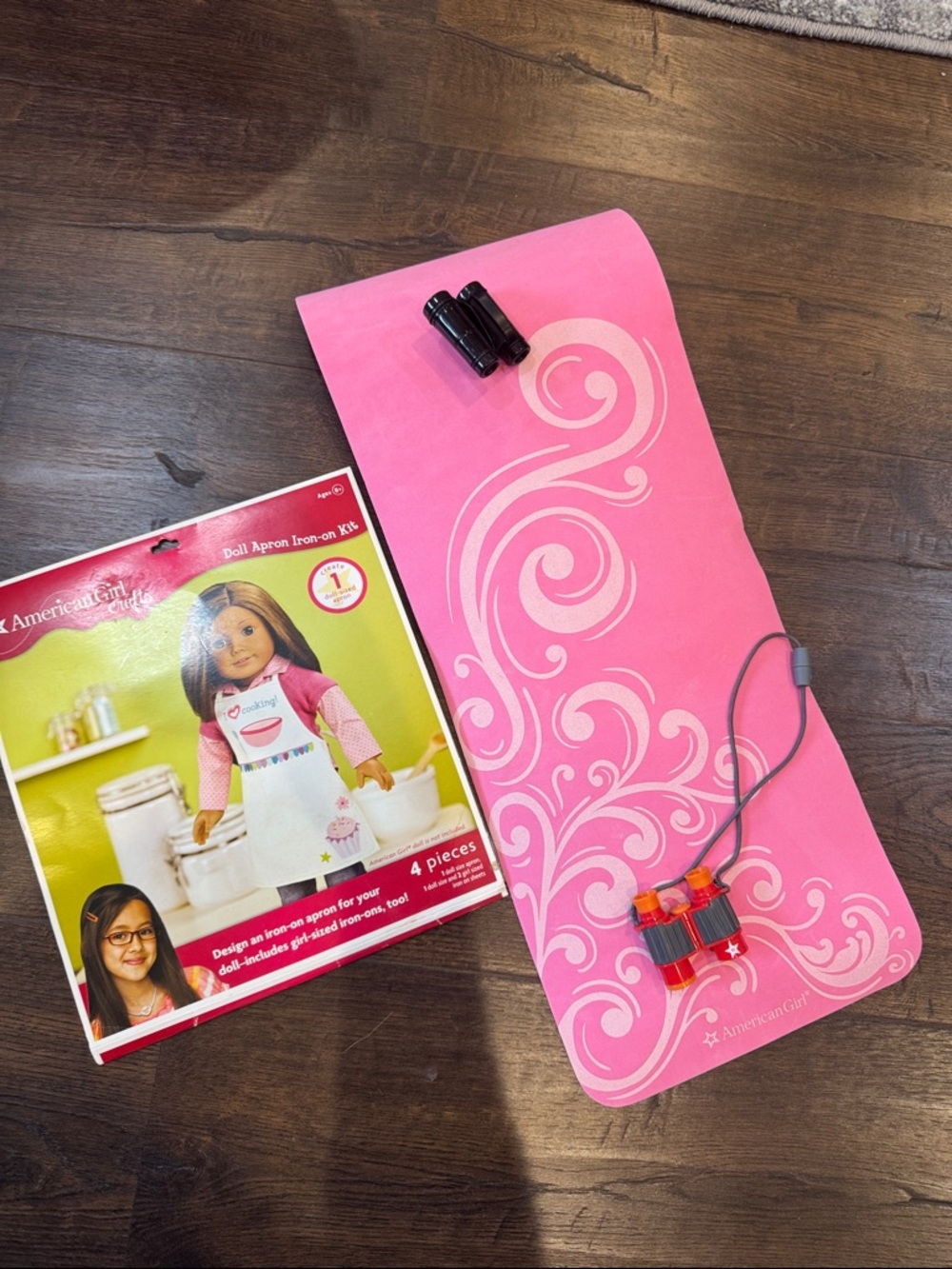 American Girl Hot Pink Yoga mat, 2 binoculars and an apron craft kit